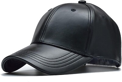 #ad Black Leather Baseball Cap Hat Mens Womans Adjustable Faux Leather Vegan $16.99