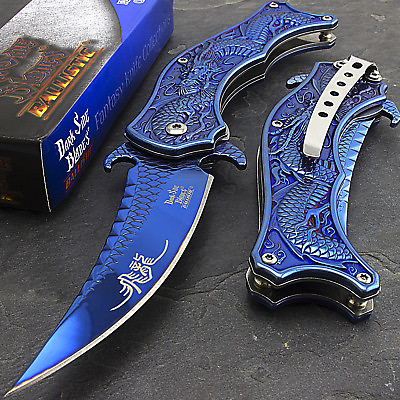 #ad 8.5quot; BLUE DRAGON TITANIUM SPRING ASSISTED FOLDING POCKET TACTICAL KNIFE Open $11.95