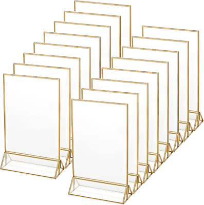 #ad 16 Pieces Gold Rimmed Clear Acrylic Table Sign Holders Double Sided Frame with $69.99