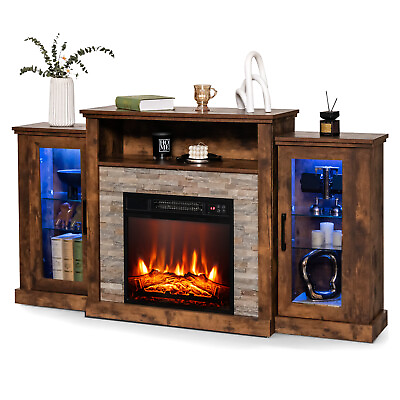 #ad #ad TV Stand and Fireplace Combo w 18quot; Electric Fireplace amp; LED Lights Brown $349.99