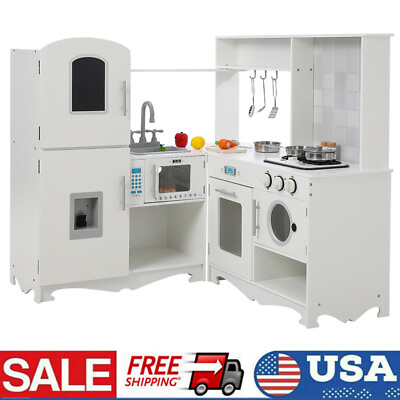 #ad Wooden Kids Pretend Corner Play Kitchen Set Cooking Toys Lights Sounds Xmas Gift $161.48