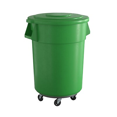 #ad Commercial Round Plastic Trash Can with Lid and Dolly 55 Gallon Green $239.99