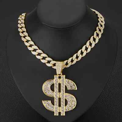#ad MONEY SYMBOL GEM NECKLACE Men#x27;s Gold Cash Hip Hop Large Pendant amp; 18quot;Bling Chain $21.95
