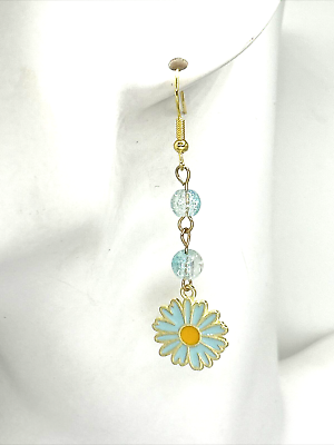 #ad Blue Enamel Gerbera Daisy Flower Daisies Dangle Drop Earrings with Crackle Glass $2.48