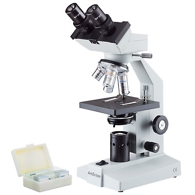 #ad AmScope 40x 1000x Binocular Biological Microscope Slides B100 PB10 $139.99