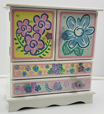 #ad M Girls Kid Wooden Jewelry Box Cabinet Drawer Organizer with Floral Accents $19.99