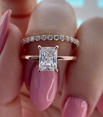 #ad 100% Moissanite 2.50Ct Radiant Engagement Bridal Set Ring 14K Rose Gold Plated $218.24