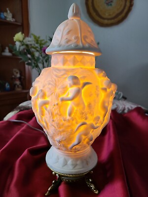 #ad VTG bisque Ginger Jar urn Cherub Electric Table Lamp 15” brass dolphin Feet $99.00