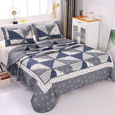 #ad #ad 3pcs Full Queen Size Patchwork Quilt Set Floral Stitched Bedspread Coverlet $35.14
