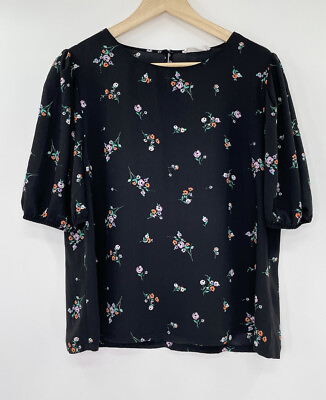 #ad Elodie Womens Black Floral Balloon Short Sleeve Blouse Top Size XL $16.99