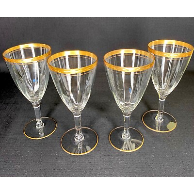 #ad Vintage Mid Century Modern Elegant Gold Rimmed Clear Glasses Set Of 4 7quot; $35.00