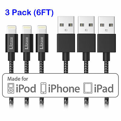 #ad 3 Pack Lightning Cable 6Ft MFi Certified Black Flawless Apple iPhone iPad iPod $12.99