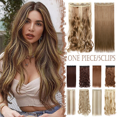 #ad One Piece THICK 100% Natural Clip in Full Head as Human Hair Extensions 5 Clips $16.20