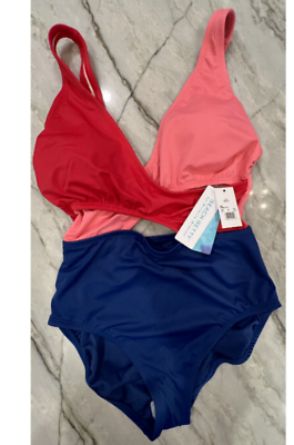 #ad NWT NEW Miracle Brands Women#x27;s 1 Piece Swimsuit; V neck Red Size Large L $17.49