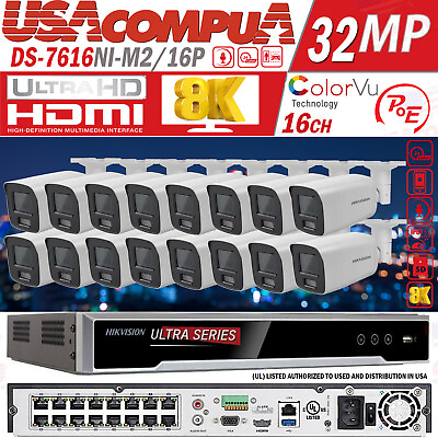 #ad Hikvision 4k Acusense 32MP NVR 16CH CCTV Camera System DS 2CD2087G2 LU 8MP Lot $1299.99