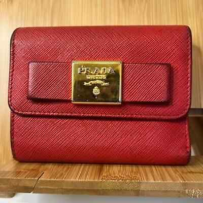 #ad Authentic PRADA Saffiano Lux Leather Tri Fold Wallet Red with Bow $125.00