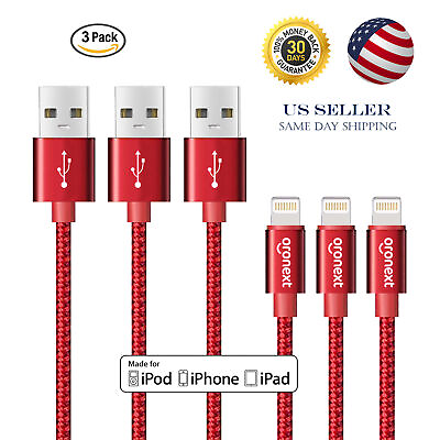 #ad 3 Pack Cable for Apple iPhone Cord Double Nylon Braided 6 ft Red $19.59