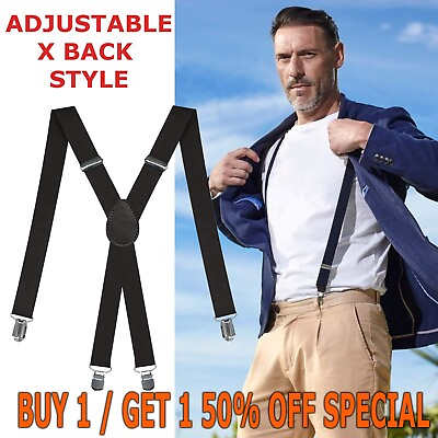 #ad Mens Braces Suspenders Black X Back Heavy Duty Biker Snowboard Trousers $5.95