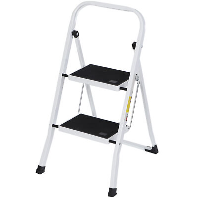 #ad 2 Step Ladder Folding Steel Step Stool Wide Anti slip Pedal 350Lb Capacity White $29.58