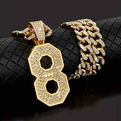 #ad Gold Plated Number 8 Pendant 20quot; Iced Cuban Cubic Zirconia Chain Bling Necklace $23.99