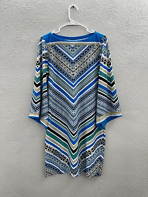 #ad Beige by eci Womens Dress Size 6 Blue Geometric Dress Long Sleeve Boat Neck Knee $24.98