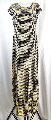 #ad ECI Black amp; Tan Pucker Knit Striped Short Cap Sleeve A Line Maxi Dress L $31.41