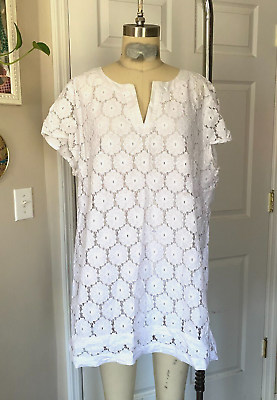 #ad Isaac Mizrahi WHITE Crochet Laser Cut out Slit neck BEACH Tunic Shirt *X LARGE* $8.00