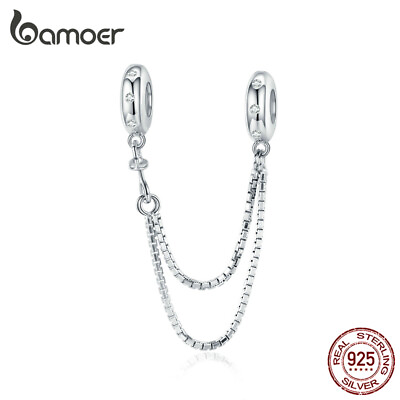 #ad BAMOER Simple Safety chain S925 sterling silver Charm With AAA CZ Fit Bracelets $14.12