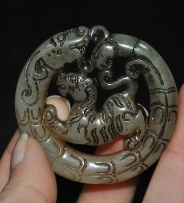 #ad 2quot; old China Hongshan culture Old Jade Carved fengshui beast Jade bi pendant $25.00