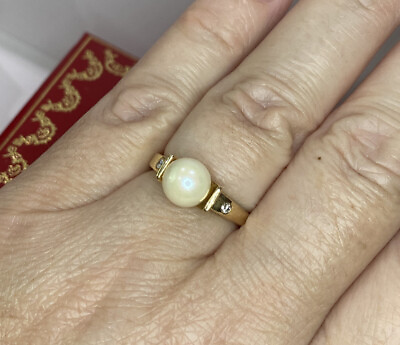 #ad ISP 14k Yellow Gold 7M White Pearl Diamond Modern Cocktail 4G Wedding Ring 6 3 4 $279.00