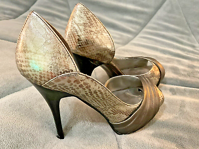 #ad Guess Brown Snakeskin w Gold Tone Peep Toe 4” Womens Heels Size US 6 M $26.83
