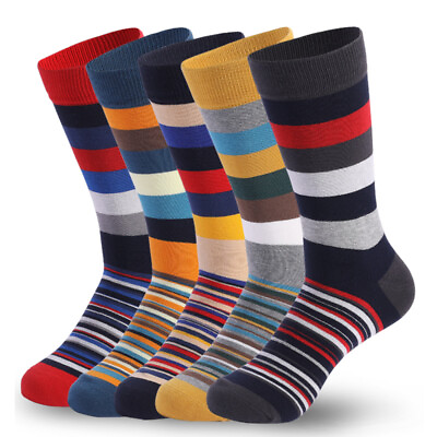 #ad 5Pairs Colorful Crew Striped Dress Casual Sox Wedding Gift Men Cotton Socks 7 11 $12.19