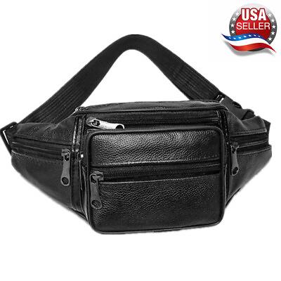 #ad Genuine Leather Fanny Pack Multi Zippered Waist Bag Hip Belt Purse Black Pouch $12.99