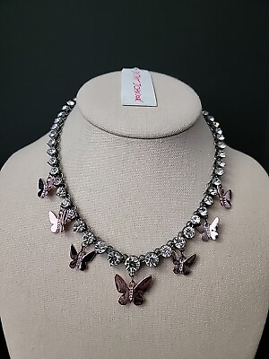 #ad BETSEY JOHNSON Crystal Multi Charm Pink Butterfly Gunmetal Statement Necklace $55.00