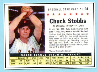 #ad #ad 2022 1961 Cereal Card #94 Chuck Stobbs Minnesota Twins $6.95