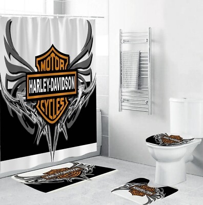 #ad Harley Davidson Motorcycles Shower Curtain Bath Mat Set Bathroom Decor Set $44.99