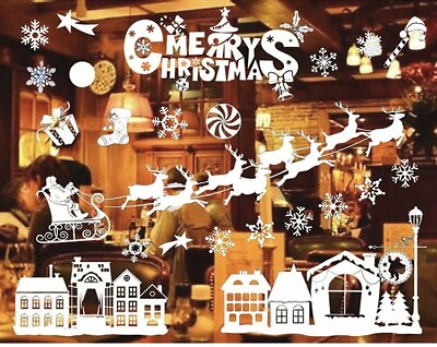 #ad Christmas Window Decal Santa Sleigh Decorations Home Decals Decor Sleigh NOS $6.99