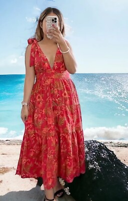 #ad House of Harlow 1960 Red Hawaiian Tropical Floral Linen Midi Sun Dress XL NEW 12 $68.00