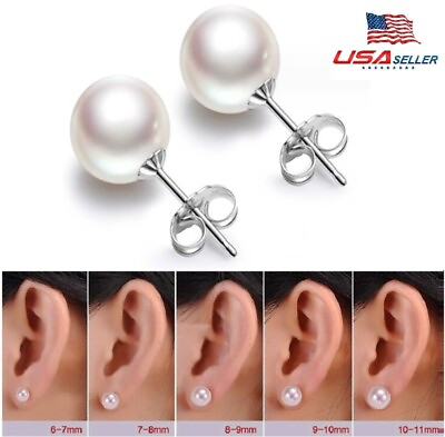 #ad NEW White Genuine Cultured Freshwater Pearl Stud Earrings 925 Sterling Silver US $7.73