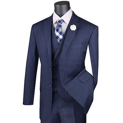 #ad VINCI Men#x27;s Navy Blue Glen Plaid 3 Piece 2 Button Classic Fit Suit NEW $130.00