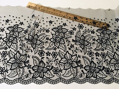 #ad Black Floral Embroidered Tulle Lace Trim for Sewing Bridal Crafts 10.5” Wide $9.50