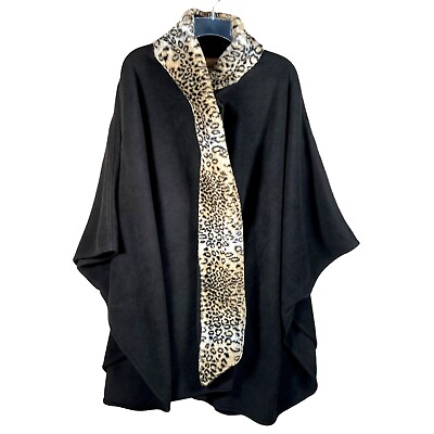 #ad PRESTON amp; YORK Women#x27;s Black Fleece Leopard Print Collar Scarf Cape Cloak Poncho $44.99