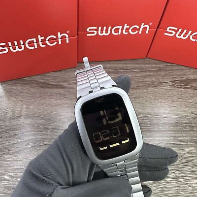 #ad NEW✅ Swatch Touch SILVER BUMP SURM100 Black Dial Digital Silicone Unisex Watch $99.99