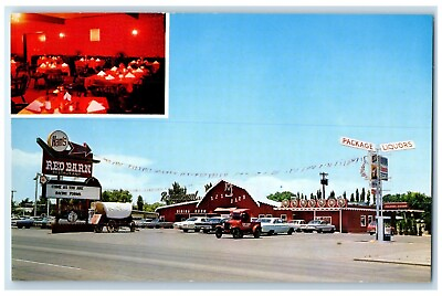 #ad c1950#x27;s Red Barn Restaurant And Wagon Wheel Saloon Cars Roswell NM Postcard $29.95