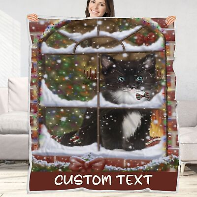 #ad Tuxedo Cat Blanket Personalized Throw Woven Fleece Sherpa Christmas NWT $99.99