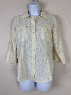 #ad Coldwater Creek Womens Size S Semi Sheer Ivory Floral Button Up Shirt 3 4 Sleeve $8.40