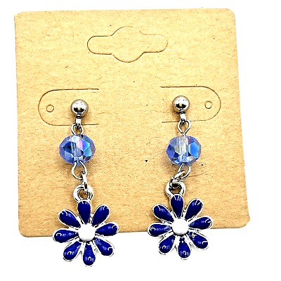 #ad SPRING BLOOMS Daisy Flower Enamel amp; Glass Dangle Drop Post Stud Earrings BLUE $2.50