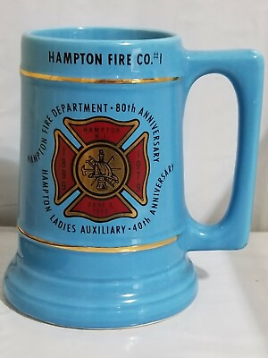 #ad 1979 Hampton NJ Fire Company Blue Mug Stein Ceramic $21.50