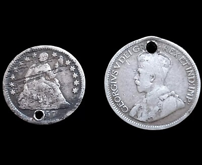#ad 2 Vintage Holed Silver Coins; 1857 U.S. Half Dime amp; 1930 Canadian Dime $9.99