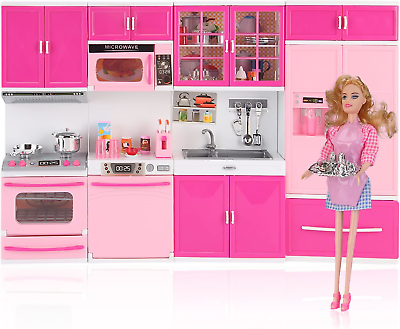 #ad Deluxe My Modern Kitchen Mini Playset with Doll Pink Kitchen Toys Pretend Play $61.78